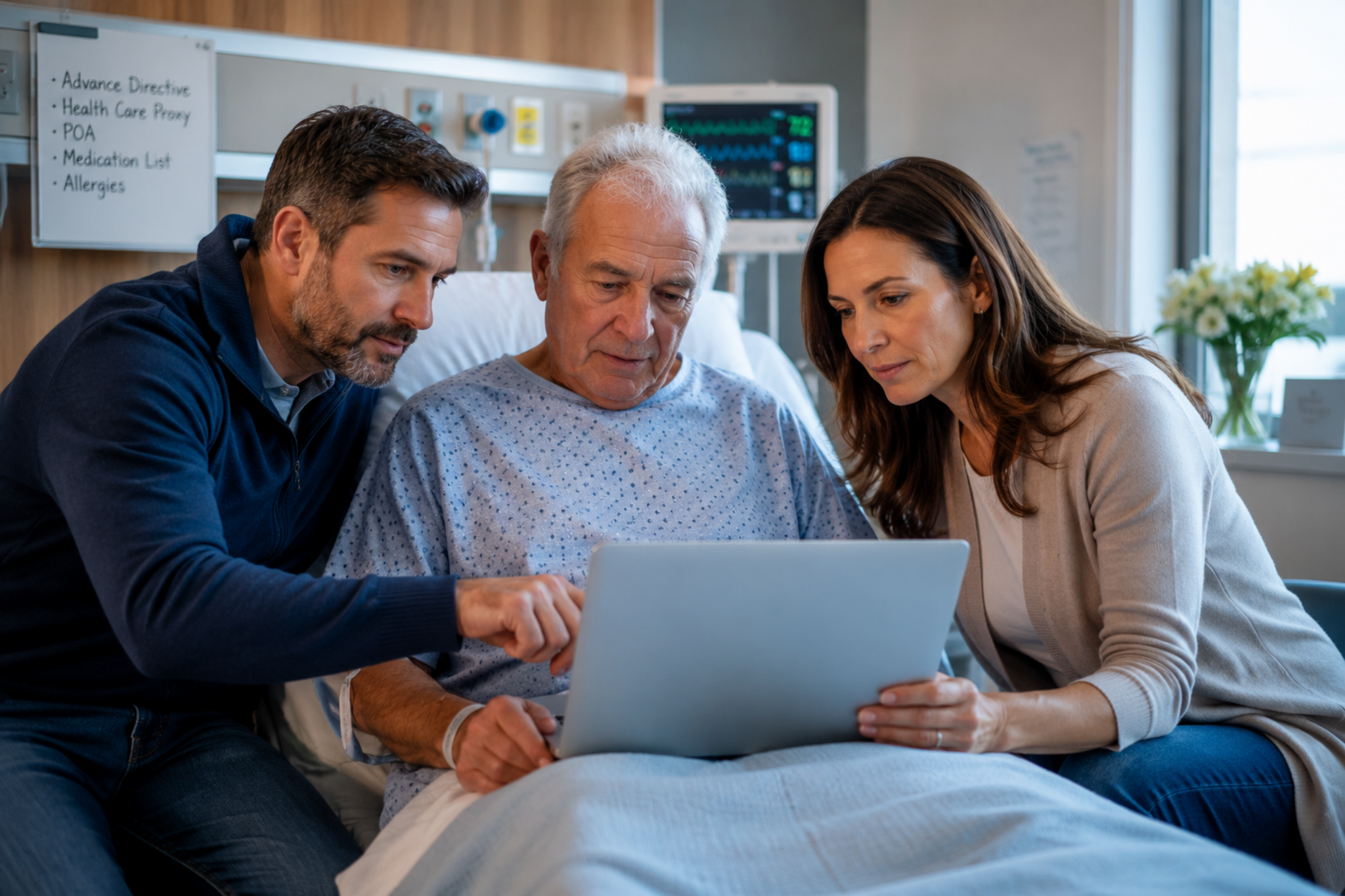 Adult children helping father in hospital